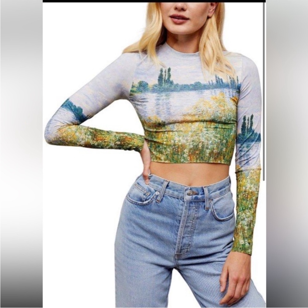 TOPSHOP Mountain Monet Painting Artsy Long Sleeve Crop Top Size 4